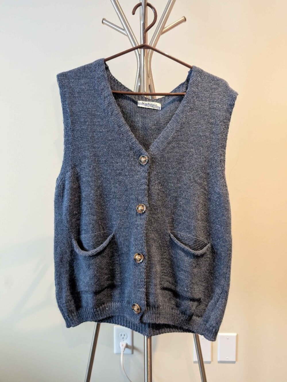 VINTAGE VIA VITALE Made in Italy Blue Knit V-neck Vest Academia Minimalist